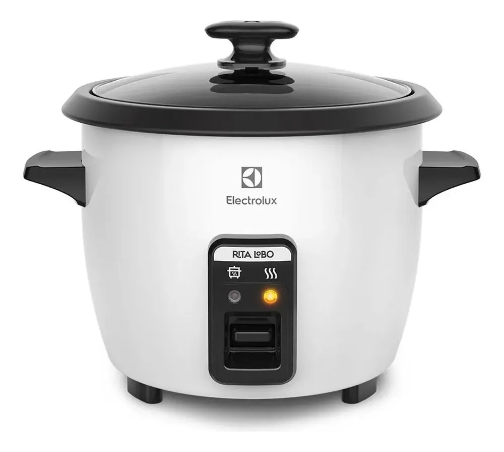 Panela Elétrica Electrolux vapor arroz capacidade 1,3L 7 xícaras manter aquecido panela removível antiaderente tampa vidro RCB50 branca por Rita Lobo​