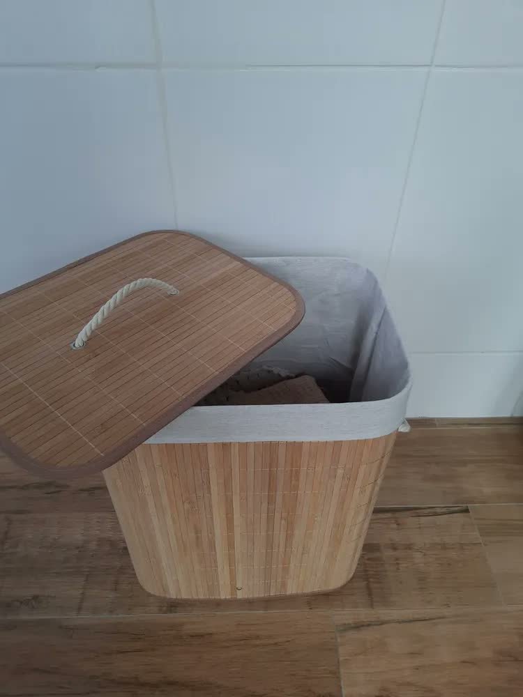 foto de comprador de KONTUZ cesto de roupa suja de bambu com tampa e alças 50l cor Marrom