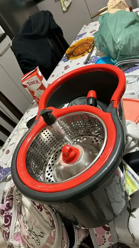 Mop Giratório Pro Com Centrífuga em Aço Inox Powermaid Cinza e Vermelho