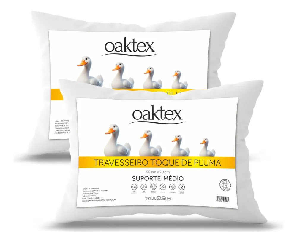 foto de Kit 2 Travesseiros 70x50 Antialérgico Lavável Fibra Siliconada Toque de Pluma de Ganso Oaktex Cor Branco
