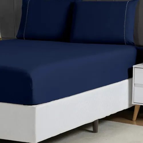 Jogo De Lençol Queen Micropercal 400 Fios Sofisticado 3pç Cor Azul-marinho Desenho do tecido Liso