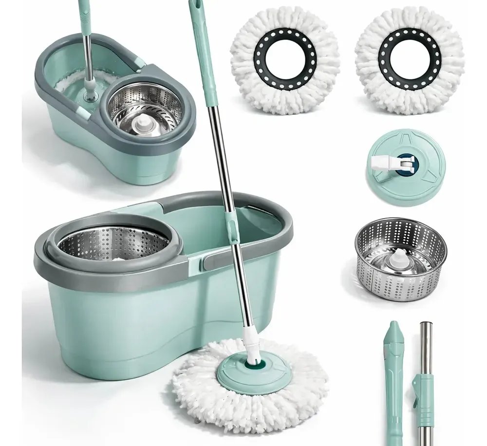 foto de comprador de Mop Giratório 8l Rodinhas Esfregão 130cm Cesto Inox C/ Refil