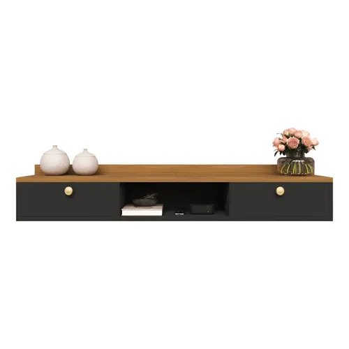 Rack Suspenso Home Para Tv Bancada Flutuante 2 Portas Sala Quarto Preto Freijó