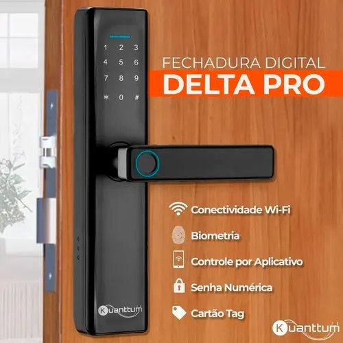 Fechadura Digital Kuanttum Delta Pro Wi-Fi para Porta de Madeira com Biometria e Senha