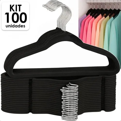 Kit 100 Cabides Veludo Preto Antideslizante Slim Irsina Gancho Giratório De Aço Inox