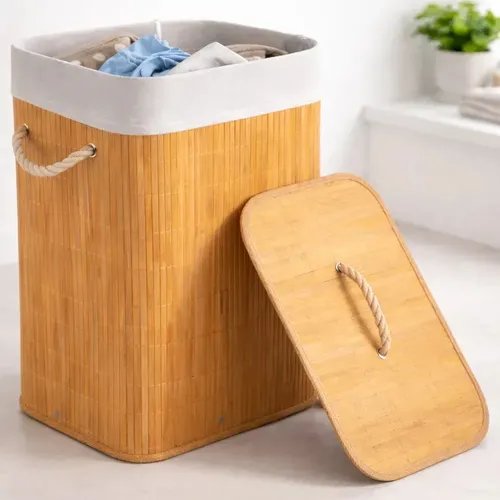 foto de comprador de Cesto De Roupa Suja Em Bambu 72l Retangular Dobravel Tampa E Alça Reforçada Pítia