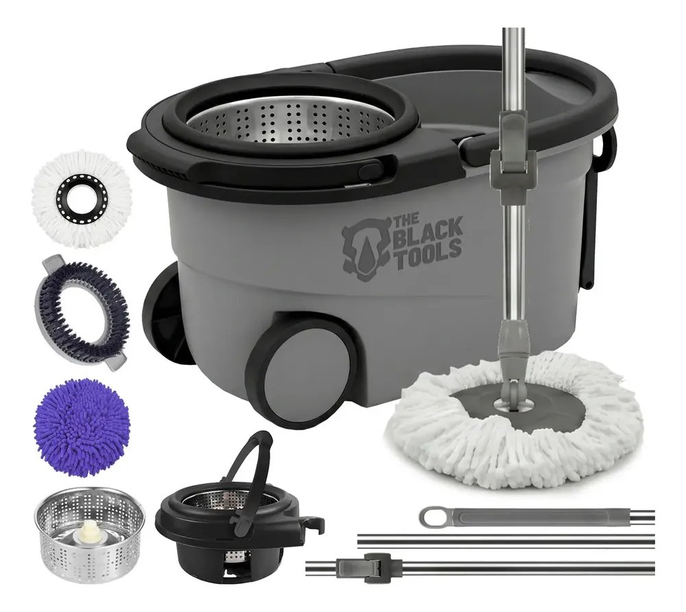 foto de comprador de Mop The Black Tools Mop 360° Giratório TBBL04 Com Balde Centrífuga Inox Cinza Cabo Longo Alça Roda Com 3 Refis