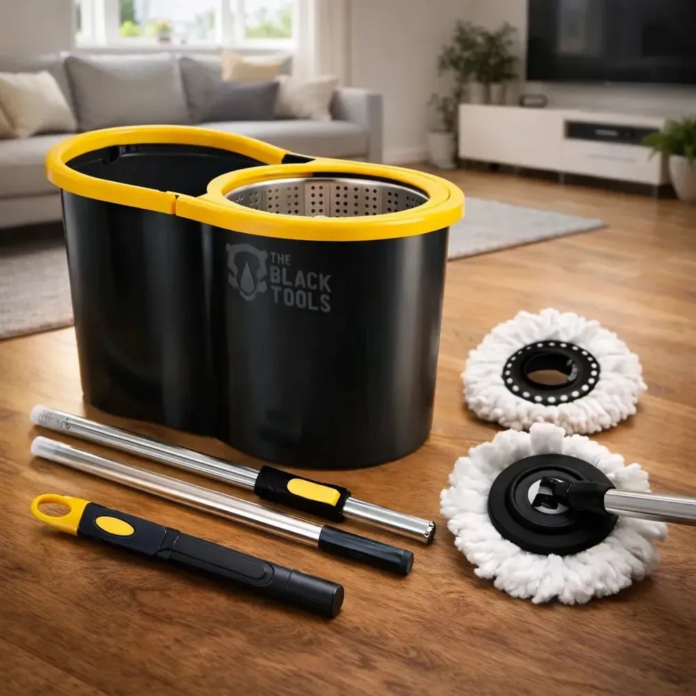 foto de comprador de Esfregão Mop Giratório 360 Cesto Inox Centrífuga Balde 8 Litros Com 2 Refis Microfibra Preto TBBL02 The Black Tools
